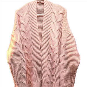 Cable Knit Cardigan Shawl Collar Casual Open Front Baggy Pink Womens Small